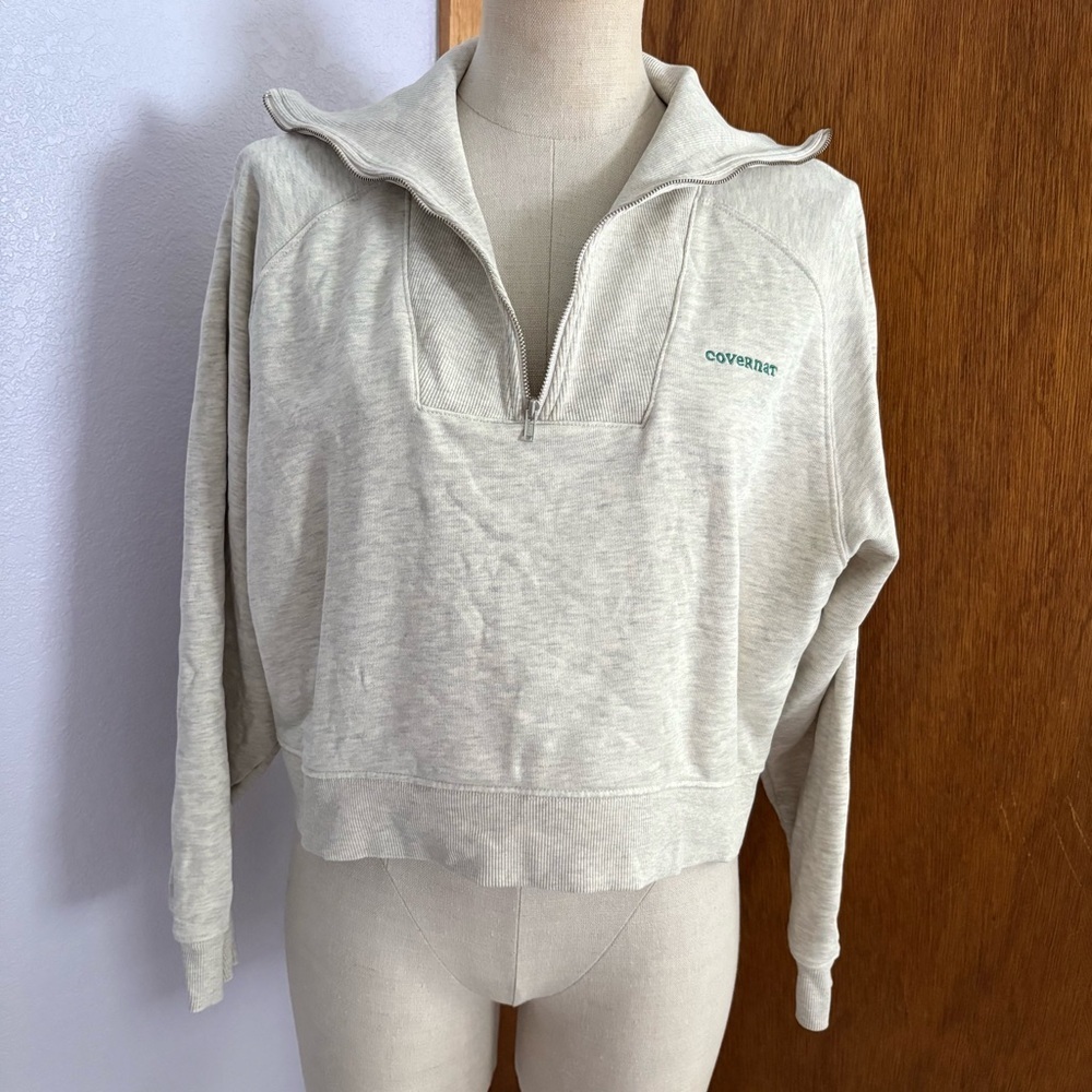 COVERNAT sz M Half Zip Cream Off White Logo Fleece Sweatshirt Korea